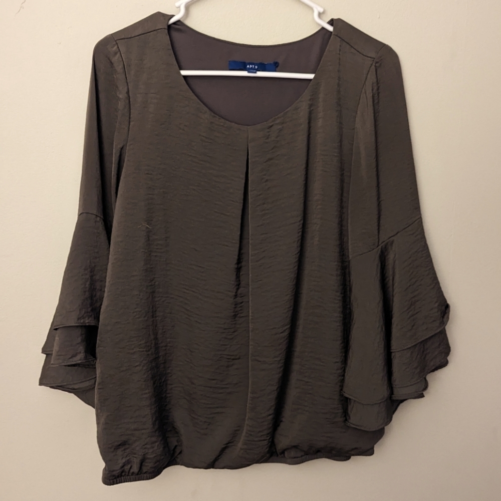 APT. 9 Olive Green Blouse Bell Ruffle Flowy Sleeves Medium